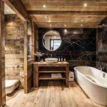 This luxurious bathroom boasts a stunning combination of rustic wood paneling and sleek black marble tiles, creating a warm and sophisticated ambiance.