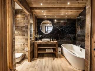 This luxurious bathroom boasts a stunning combination of rustic wood paneling and sleek black marble tiles, creating a warm and sophisticated ambiance.