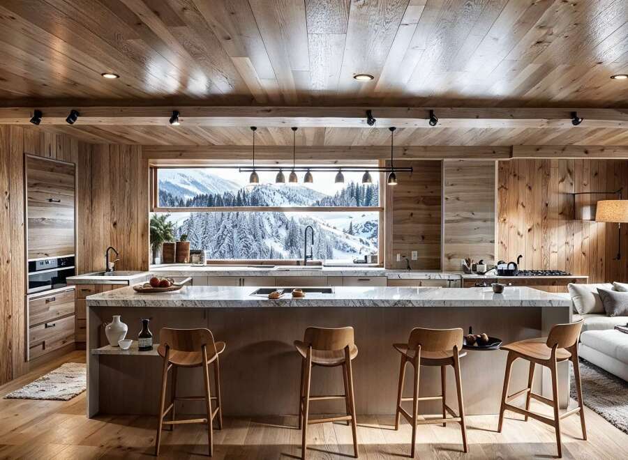 This stunning kitchen boasts a breathtaking view of a snow-capped mountain range through a large window, complemented by wood-paneled walls and ceilings.