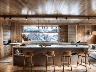 This stunning kitchen boasts a breathtaking view of a snow-capped mountain range through a large window, complemented by wood-paneled walls and ceilings.
