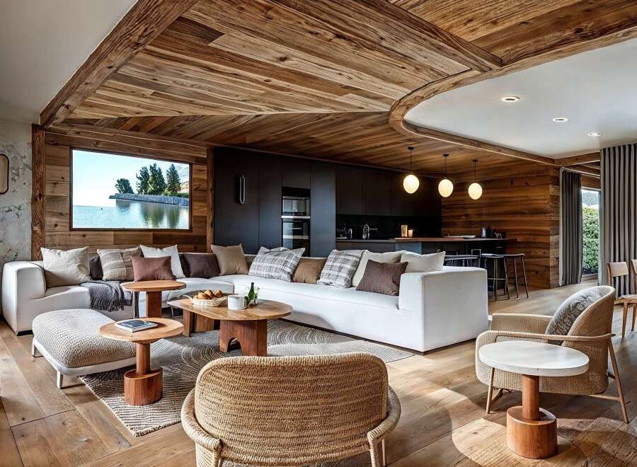 This stunning chalet boasts a spacious open-plan living area with a cozy and inviting atmosphere.