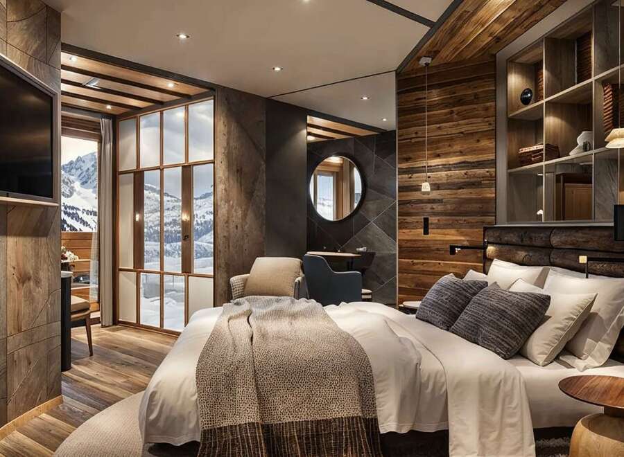 This luxurious hotel room boasts a stunning mountain view from its large windows and features a cozy, rustic design with wood paneling and a comfortable king-size bed.
