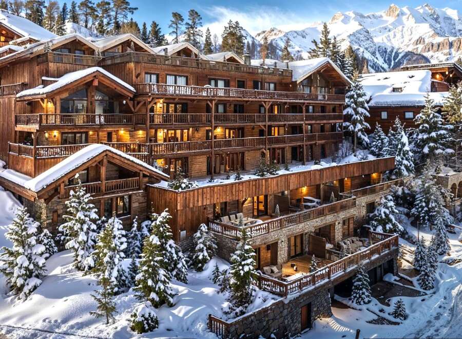 Nestled in a snowy mountainside, this luxurious chalet boasts stunning views and exquisite wooden architecture.