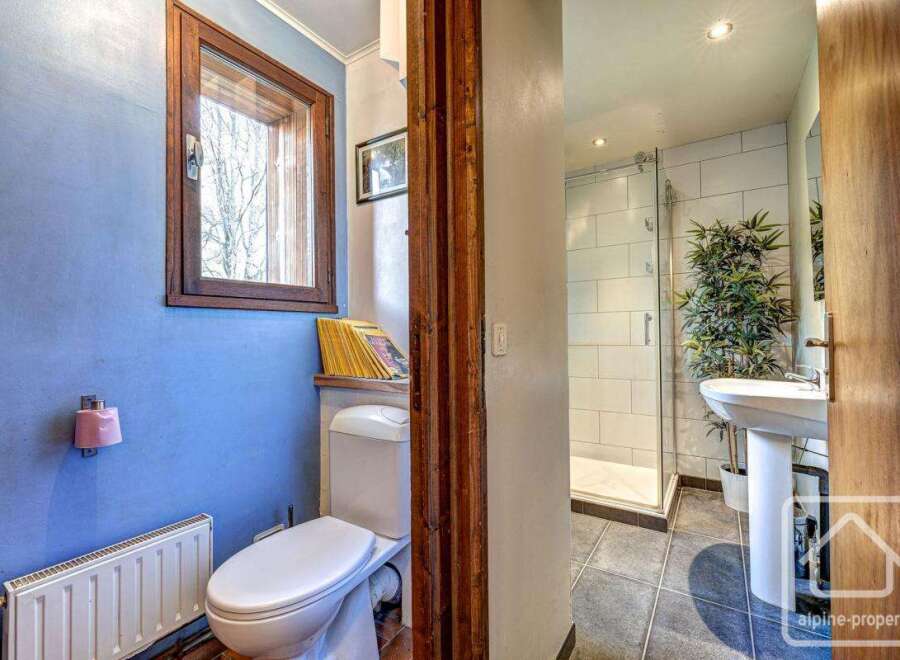 This charming bathroom boasts a modern toilet and sink, complemented by a walk-in shower.