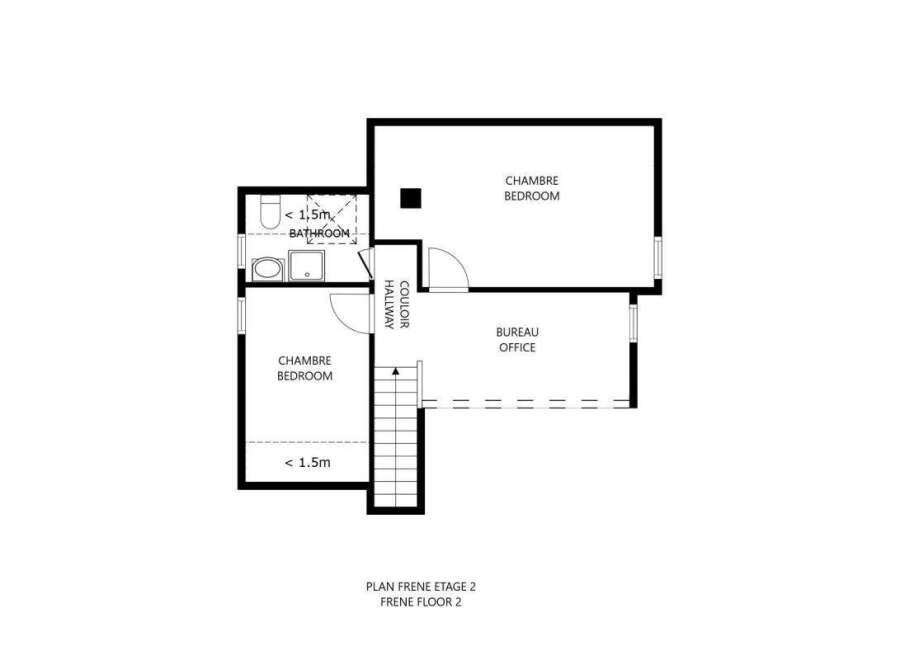 This second floor plan showcases two bedrooms, a bathroom, and an office.