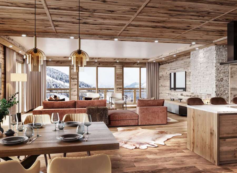 This stunning chalet boasts an open-plan living area with floor-to-ceiling windows offering breathtaking mountain views, a modern kitchen with a large island, and a cozy dining area perfect for entertaining.