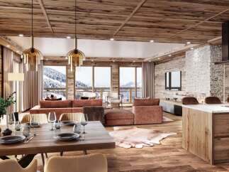 This stunning chalet boasts an open-plan living area with floor-to-ceiling windows offering breathtaking mountain views, a modern kitchen with a large island, and a cozy dining area perfect for entertaining.