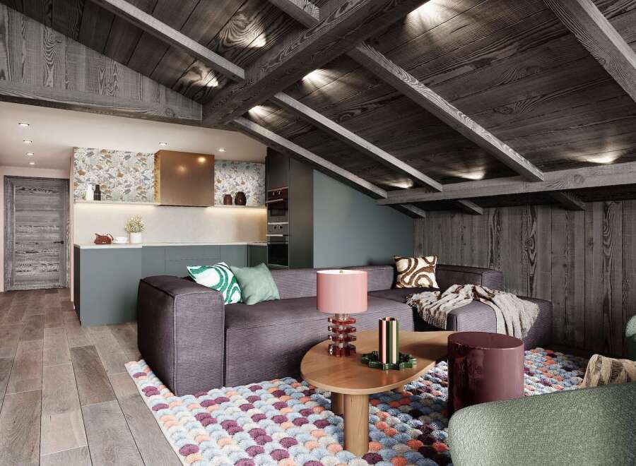 This stunning attic apartment boasts a cozy living area with a plush sectional sofa, complemented by a unique coffee table and a colorful rug.