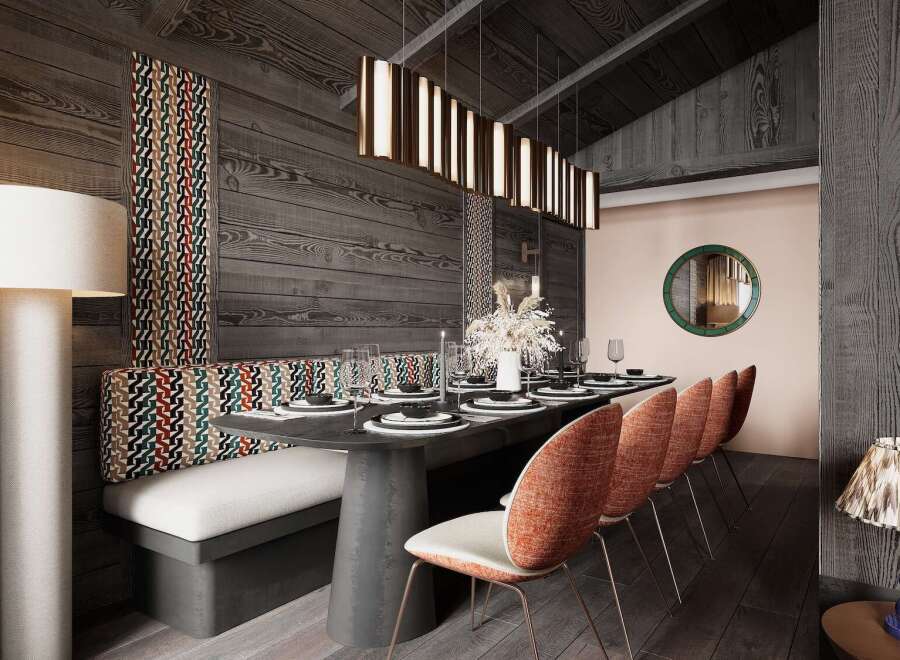 This stunning dining area features a custom-designed banquette with a unique patterned fabric, complemented by a sleek, modern dining table and chairs.