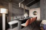 This stunning dining area features a custom-designed banquette with a unique patterned fabric, complemented by a sleek, modern dining table and chairs.