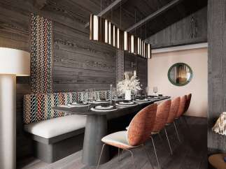 This stunning dining area features a custom-designed banquette with a unique patterned fabric, complemented by a sleek, modern dining table and chairs.