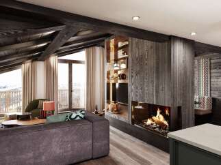 This stunning chalet boasts a spacious open-plan living area with a cozy fireplace, perfect for relaxing after a day on the slopes.