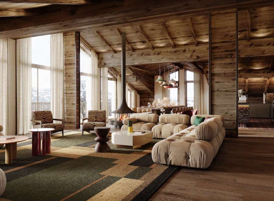 This stunning chalet boasts a spacious open-plan living area with floor-to-ceiling windows offering breathtaking mountain views, a cozy fireplace, and luxurious furnishings.