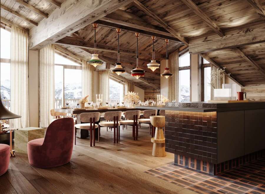 This stunning chalet boasts a spacious open-plan living area with floor-to-ceiling windows offering breathtaking mountain views, a cozy fireplace, and a modern kitchen.