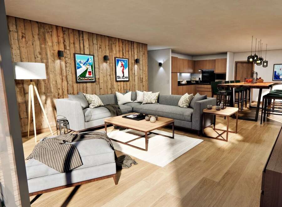 This stunning property boasts a cozy living area with a modern L-shaped sofa, perfect for relaxation.