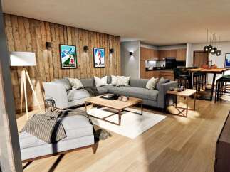 This stunning property boasts a cozy living area with a modern L-shaped sofa, perfect for relaxation.
