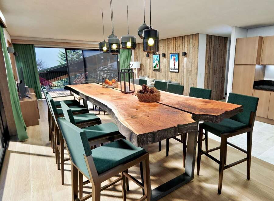 Experience luxury living in this stunning property, featuring a spacious dining area with a unique live-edge table and stylish seating.