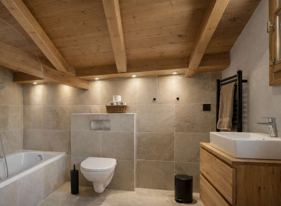 This stunning bathroom features a rustic design with exposed wooden beams and a modern touch.