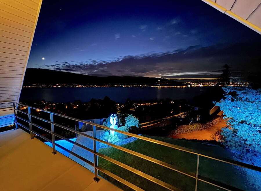 Luxury lakefront property with breathtaking night views.