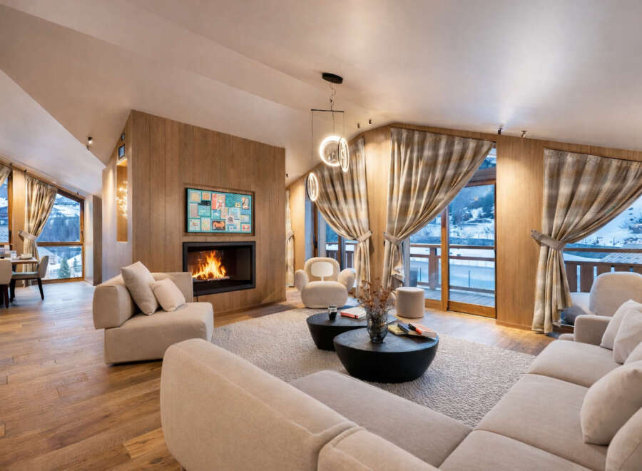 Experience luxury living in this stunning property featuring a cozy fireplace, perfect for chilly evenings.