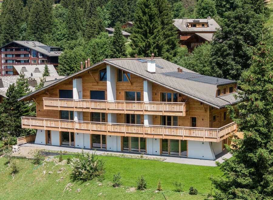 Discover a stunning wooden chalet nestled in a picturesque mountain setting.
