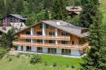 Discover a stunning wooden chalet nestled in a picturesque mountain setting.