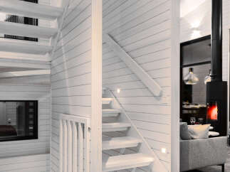This stunning property features a modern staircase with a minimalist design, seamlessly blending with the bright, airy interior.