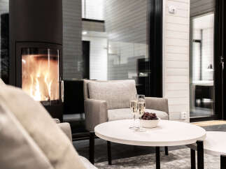 Cozy up in this modern living space, complete with a fireplace and comfortable seating.