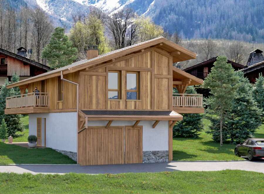 Stunning chalet in the mountains with a spacious wooden exterior and large windows.