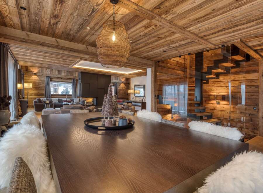 Experience luxury living in this stunning chalet, featuring exquisite wooden interiors and a cozy ambiance.