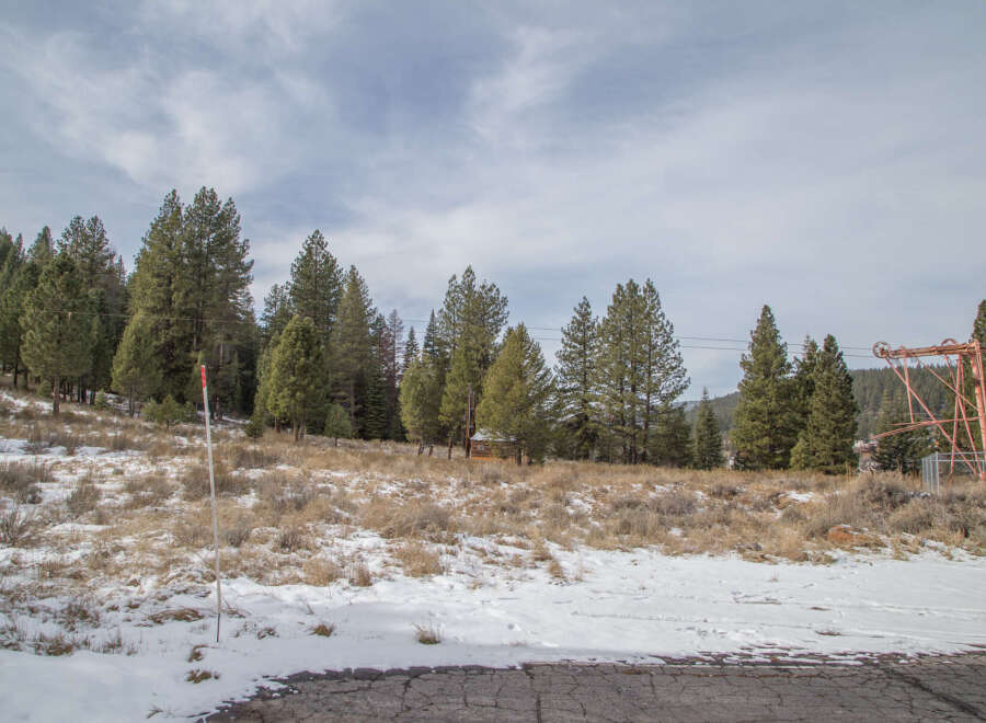 This property boasts a stunning mountain view, with a snow-dusted landscape and a backdrop of tall evergreen trees.