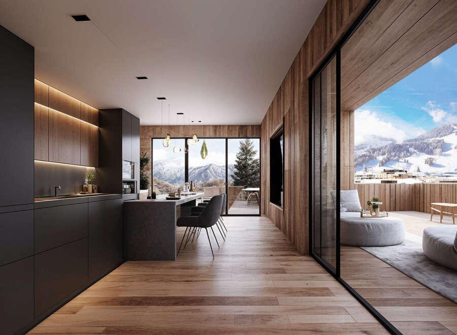 This stunning penthouse boasts a modern open-plan kitchen with sleek dark cabinetry and integrated appliances, seamlessly flowing into a spacious living area with floor-to-ceiling windows offering breathtaking mountain views.