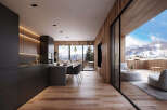 This stunning penthouse boasts a modern open-plan kitchen with sleek dark cabinetry and integrated appliances, seamlessly flowing into a spacious living area with floor-to-ceiling windows offering breathtaking mountain views.