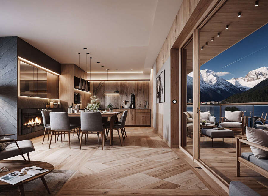 This stunning apartment boasts a spacious open-plan living area with a modern kitchen, dining area, and cozy fireplace, perfect for entertaining guests.