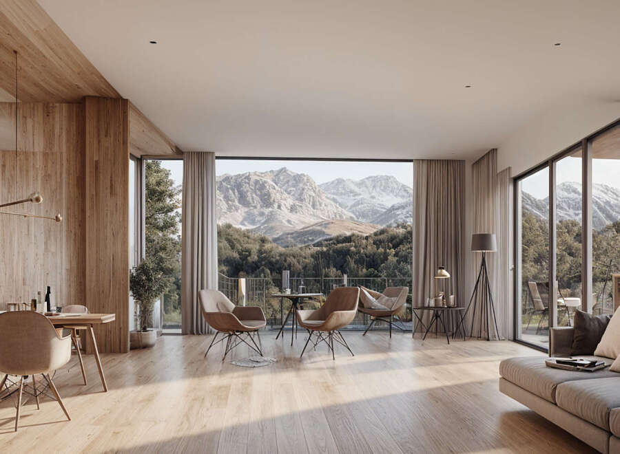 This stunning property boasts breathtaking mountain views from its expansive windows, creating a bright and airy atmosphere.