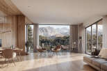 This stunning property boasts breathtaking mountain views from its expansive windows, creating a bright and airy atmosphere.
