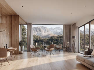 This stunning property boasts breathtaking mountain views from its expansive windows, creating a bright and airy atmosphere.