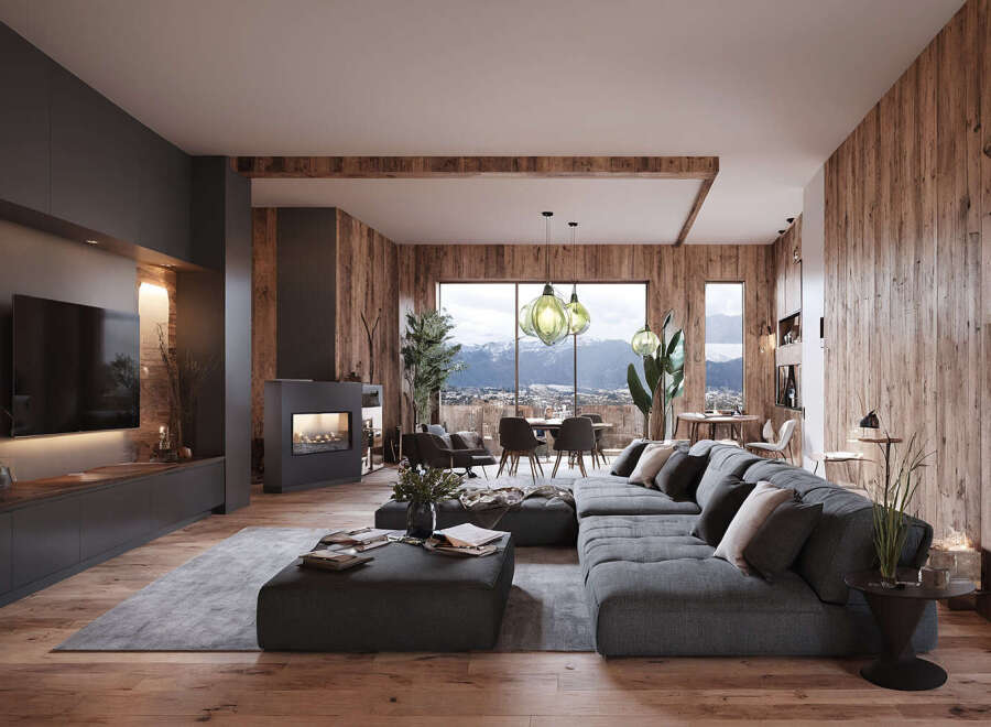 This stunning open-plan living space boasts a cozy fireplace, large sectional sofa, and expansive windows offering breathtaking mountain views.