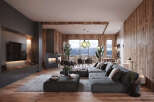 This stunning open-plan living space boasts a cozy fireplace, large sectional sofa, and expansive windows offering breathtaking mountain views.