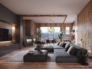 This stunning open-plan living space boasts a cozy fireplace, large sectional sofa, and expansive windows offering breathtaking mountain views.