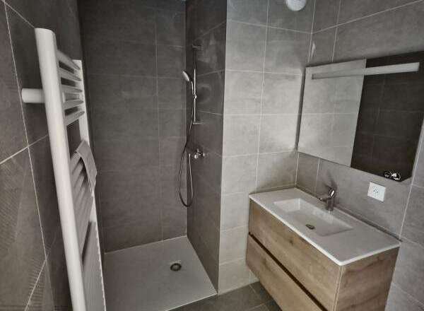 Modern bathroom design featuring a sleek shower area and a stylish vanity.