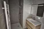 Modern bathroom design featuring a sleek shower area and a stylish vanity.
