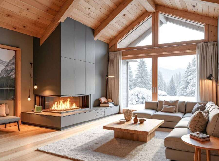 Luxury chalet with breathtaking mountain views and a modern fireplace.