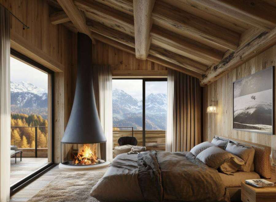 Luxury chalet bedroom with stunning mountain views and a modern fireplace.