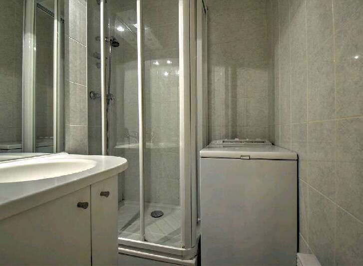 This charming apartment boasts a modern bathroom with a shower and a convenient in-unit washer.