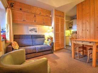 Cozy chalet apartment featuring a comfortable sofa bed, perfect for a relaxing stay.