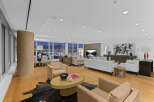 This luxurious condo boasts breathtaking panoramic city views from its expansive windows, creating a bright and airy atmosphere.