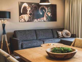 This inviting living space boasts a comfortable gray sectional sofa perfect for relaxation and entertaining.