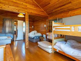 Cozy wooden cabin with a bunk bed, perfect for families or groups.
