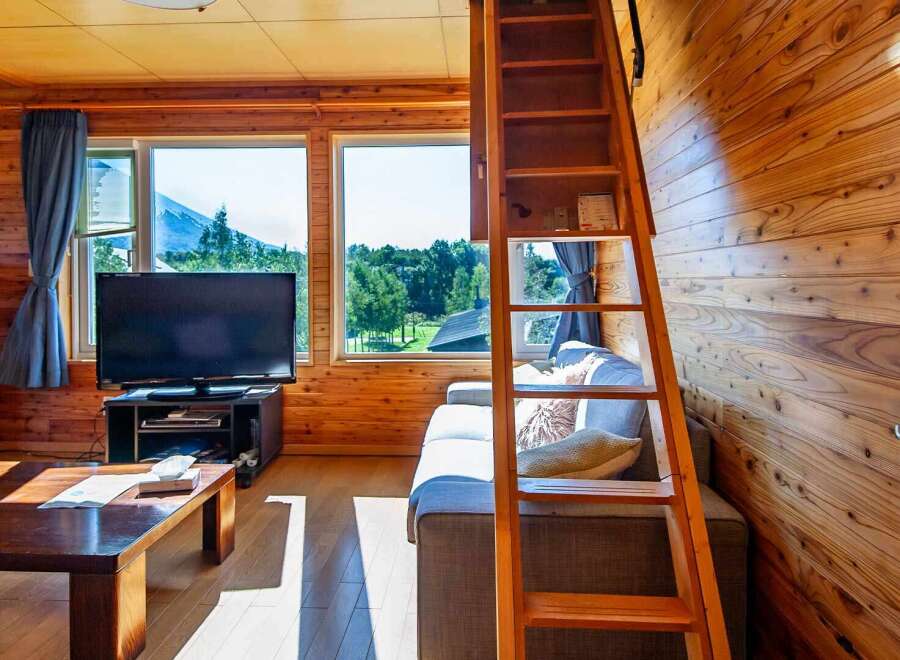 Cozy cabin with wood interior, large windows offering scenic views, comfortable sofa, and a built-in ladder leading to a loft.